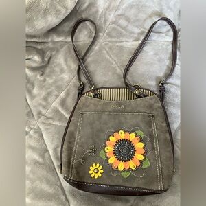 Chala brand convertible backpack purse with floral applique metal honey bee
